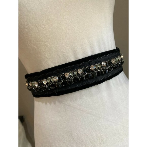 Prada Accessories - PRADA Black Velvet Crystal Waist Sash Ribbon Belt